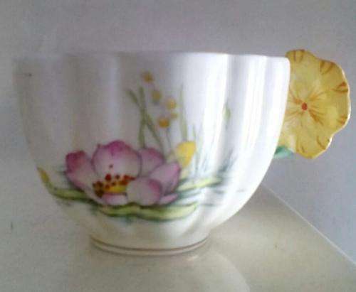 Flower handled Paragon fine porcelain Water Lily teacup. Hand coloured.