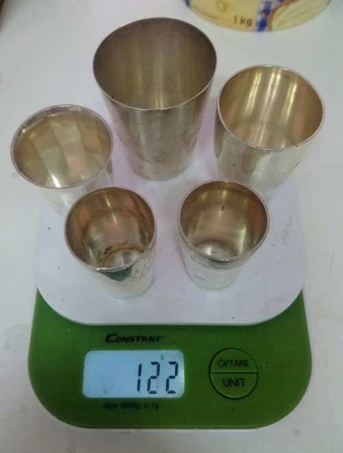 Five German silver mini beakers for scrap price