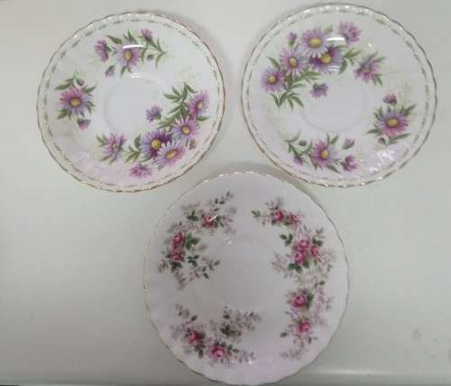 Trio of Royal Albert saucers.. Birthday series and Lavender Rose
