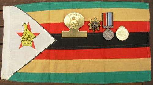 ZIMBABWE PENNANT/FLAG + CHIEF BADGE + ZRP BADGE + LONG SERVICE MEDAL + IND. MEDAL