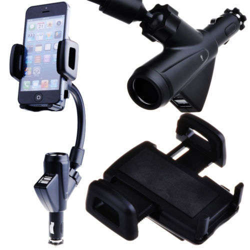 Car Charger Holder With Dual Usb Port & One Cigarette Lighter