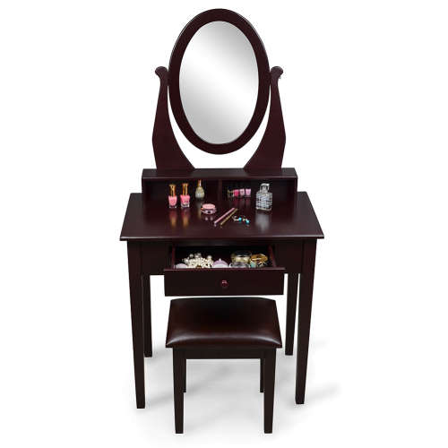 WOODEN DRESSING TABLE WITH OVAL MIRROR AND COMFORTABLE PADDED PU STOOL
