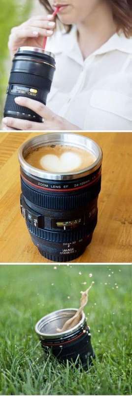 Free Shipping- Camera Lens Cup Coffee Tea Travel Mug Stainless Steel Thermos & Lens Lid