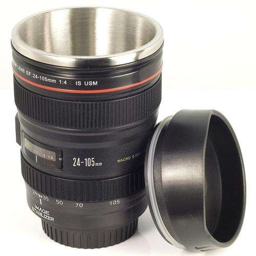 Free Shipping- Camera Lens Cup Coffee Tea Travel Mug Stainless Steel Thermos & Lens Lid
