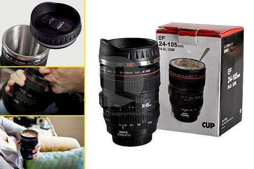 Free Shipping- Camera Lens Cup Coffee Tea Travel Mug Stainless Steel Thermos & Lens Lid