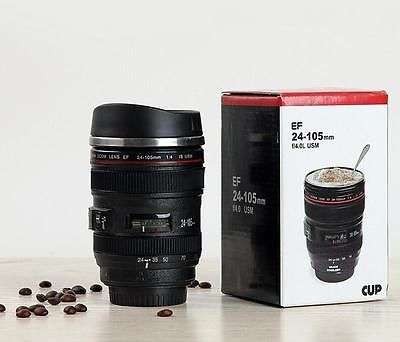 Free Shipping- Camera Lens Cup Coffee Tea Travel Mug Stainless Steel Thermos & Lens Lid