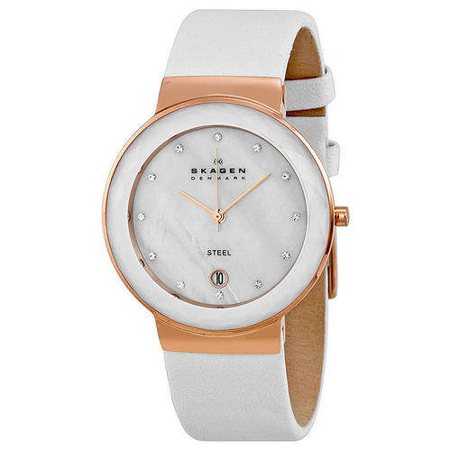 Skagen Mother of Pearl Dial White Leather Ladies Watch