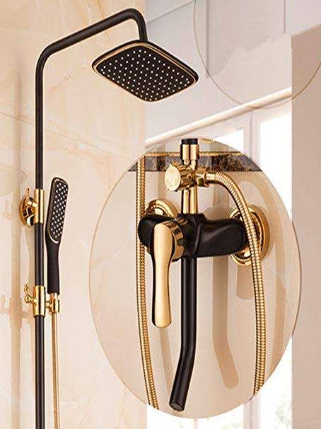 ALL IN ONE STYLISH, MODERN GOLD CHROME COMPLETE FIXED SHOWER SYSTEM, HANDHELD SHOWER HEAD AND TAP..