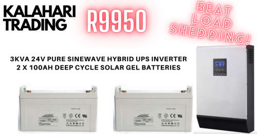 3KVA/3000VA 24V-PURE SINEWAVE HYBRID INVERTER-BUILT IN 60A CHARGER-2X100AH DEEP CYCLE GEL BATT`S