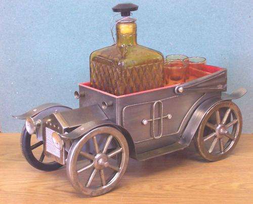 Bar Ornament - Metal Car with Decanter + Four Small Glasses