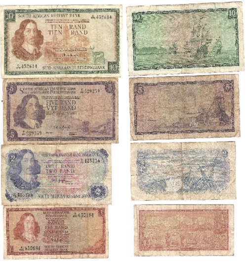 1x 10 rand ,1 x 5 rand ,1 x 2 rand ,1 x 1 rand notes all signed by TW de Jongh