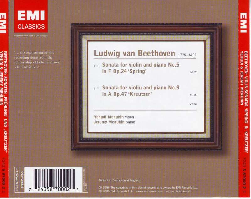 BEETHOVEN - Violin sonatas (Yehudi & Jeremy Menuhin) 7243 5 87000 2 2 NM