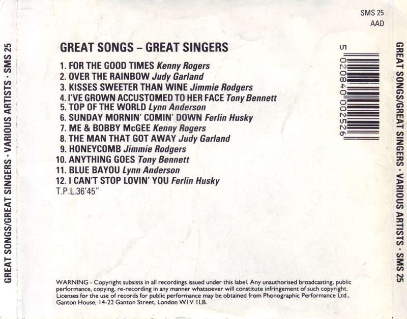 GREAT SONGS/ GREAT SINGERS -  Compilation (CD) SMS 25 VG+  (R25 SALE)