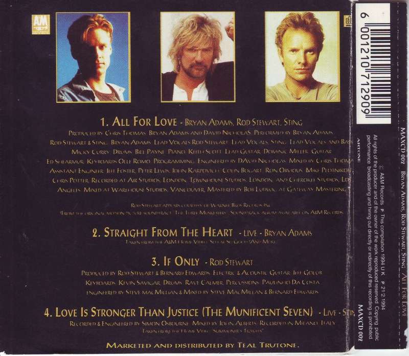 Bryan Adams, Rod Stewart, Sting - All for Love CD Single MAXCD 002