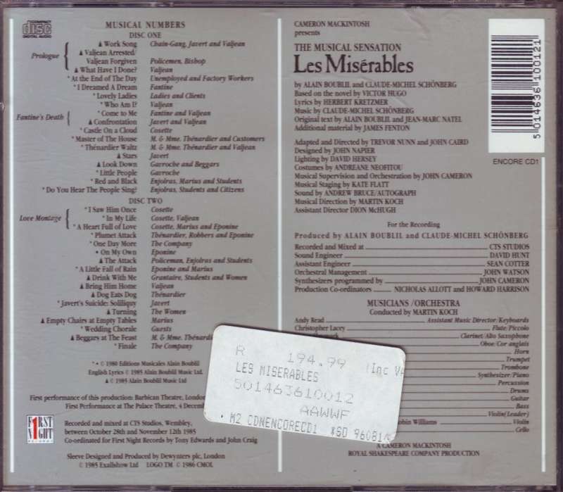 LES MISERABLES THE ORIGINAL LONDON CAST (double CD fatbox) ENCORE CD1(FREE BULK SHIPPING)