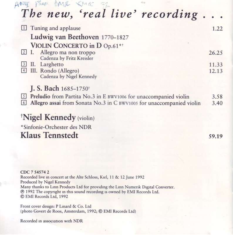 NIGEL KENNEDY - Beethoven violin concerto (CD) 0777 7 54574 2 1 NM-