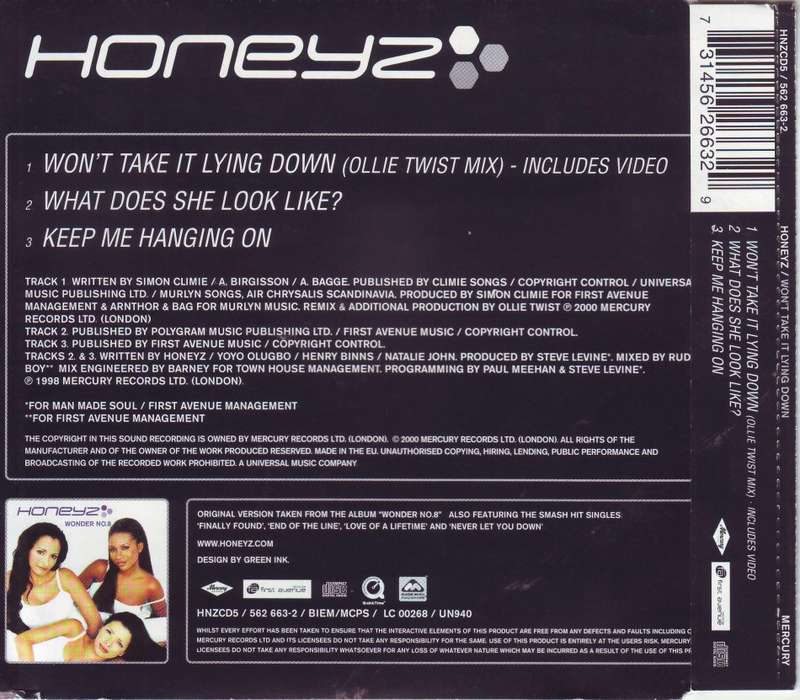 HONEYZ - Won`t take it lying down (CD single) HNZCD5 VG+