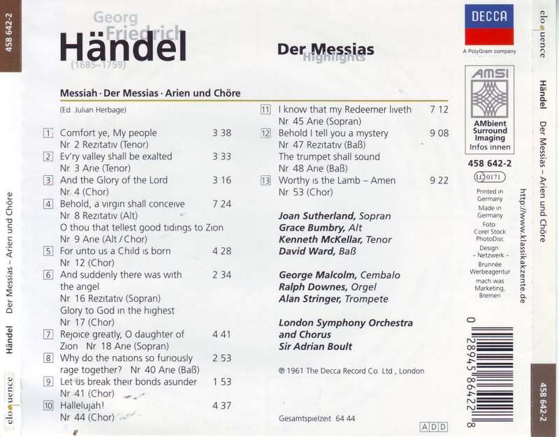 HANDEL - Der messias highlights (CD) 458 642-2 EX (R25 SALE)