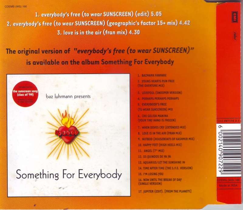 BAZ LUHRMANN  - Everybody`s free (to wear sunscreen) (CD single) CDEMS (WS) 166