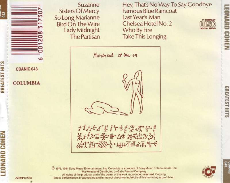 LEONARD COHEN - Greatest hits (CD) CDANIC 043 EX