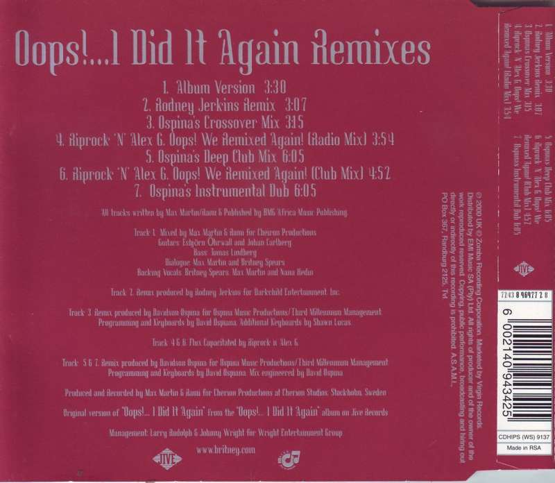 BRITNEY SPEARS - Oops!... I Did It Again Remixes (CD single, Ltd Ed) CDHIPS (WS) 9137 EX