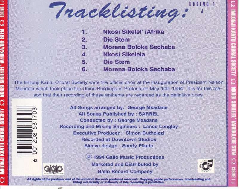 IMILONJI KANTU CHORAL SOCIETY -  Nkosi Sikele I`Afrika / Die Stem (CD) CDSING 1 J