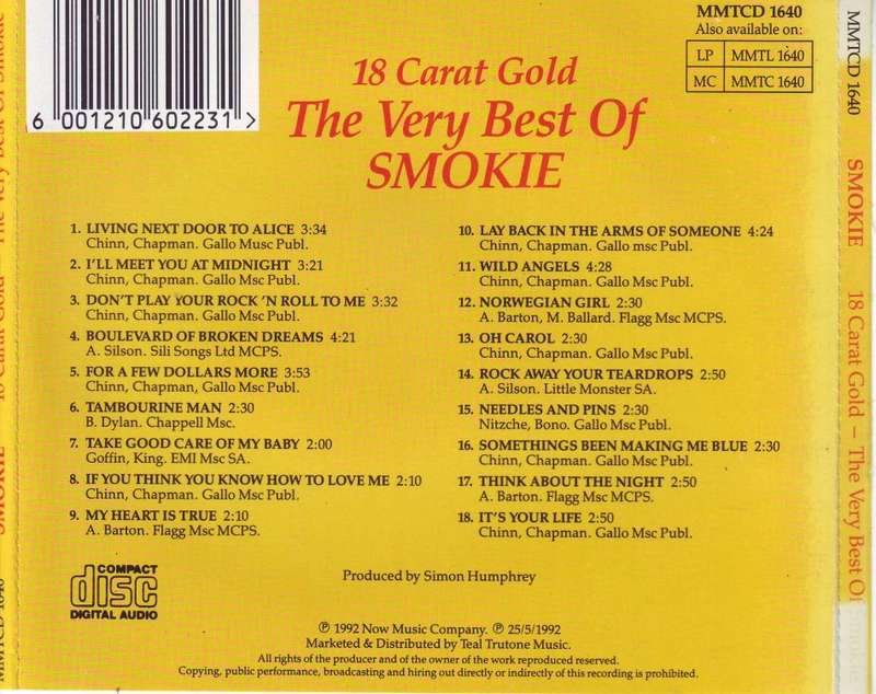 SMOKIE - 18 CARAT GOLD THE VERY BEST OF SMOKIE (CD) MMTCD 1640 EX
