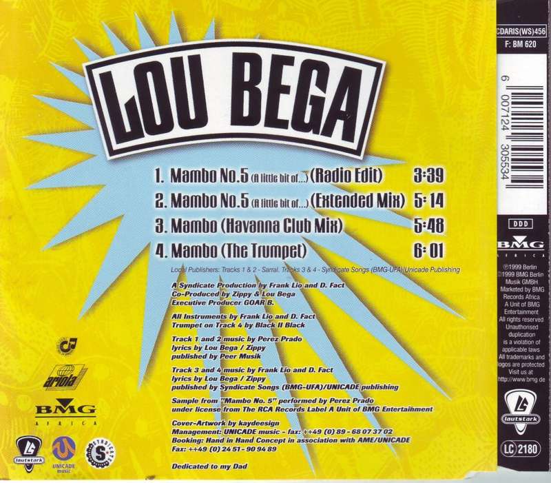 LOU BEGA - Mambo no.5 (CD single) CDARIS(WS)456 EX