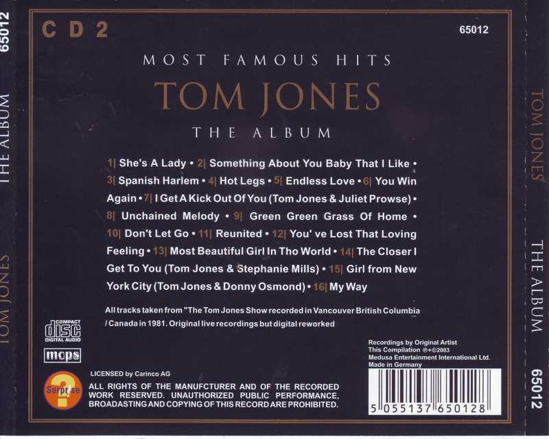 MOST FAMOUS HITS - Tom Jones (double CD, bit of scuffing on cardboard box) EX (R25 SALE)