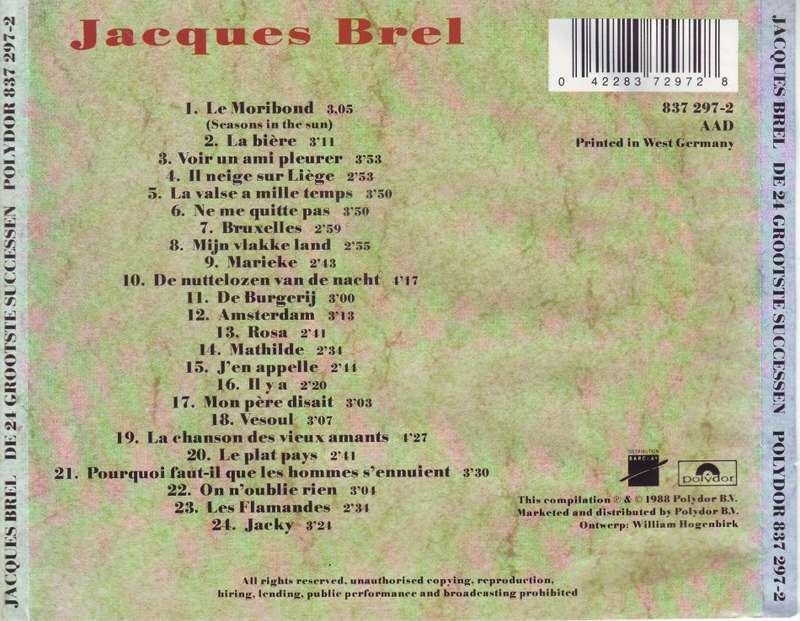 JACQUES BREL - De 24 grootste successen (CD) 837 297-2 EX (FREE BULK SHIPPING)