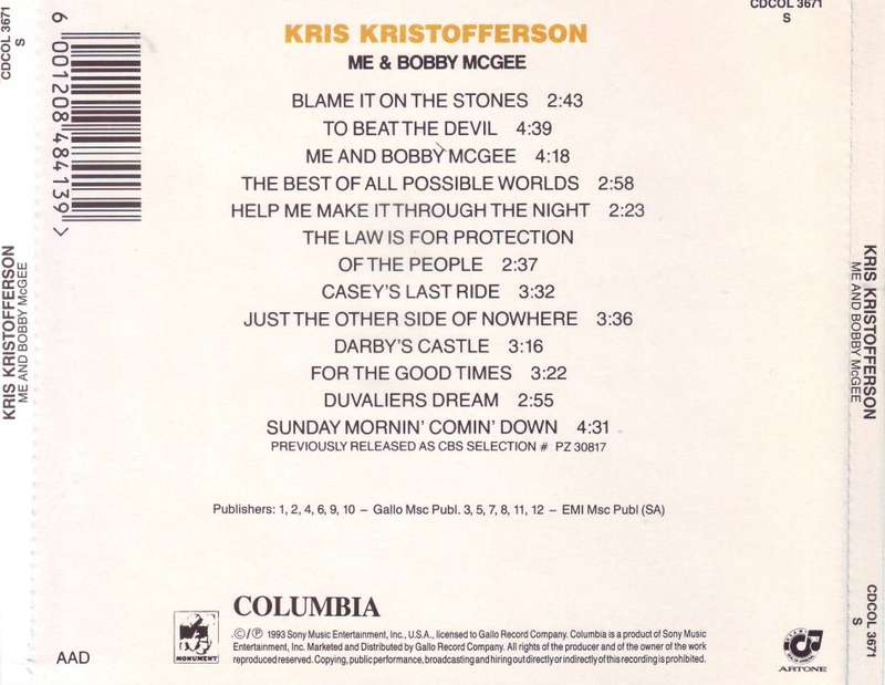 KRIS KRISTOFFERSON - Me And Bobby McGee (CD) CDCOL 3671 S NM