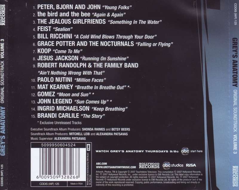 GREY`S ANATOMY ORIGINAL SOUNDTRACK VOLUME 3 - Compilation (CD) CDDIS (WF) 125 NM-