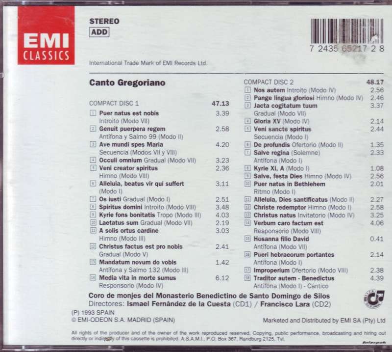 CANTO GREGORIANO - CORO DE MONJES DEL MONASTERIO BENEDICTINO DE SANTO DOMINGO DE SILOS  (2 CD)