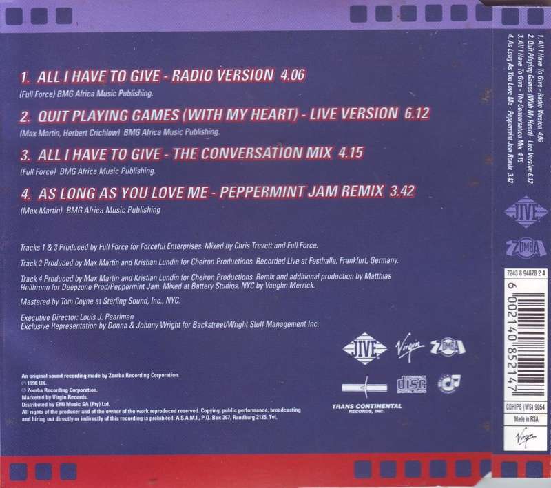 BACKSTREET BOYS - All I Have To Give (CD single) CDHIPS (WS) 9054 VG+