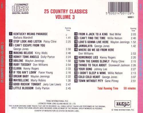 25 COUNTRY CLASSICS VOLUME 3 - Compilation (CD) VAR011 VG+