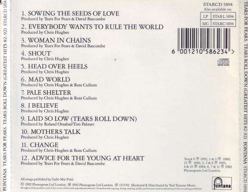 TEARS FOR FEARS - Tears roll down (greatest hits 82-92) STARCD 5894 VG (FREE BULK SHIPPING)