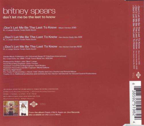 BRITNEY SPEARS - Don`t let me be the last to know (CD single) 9251982 NM