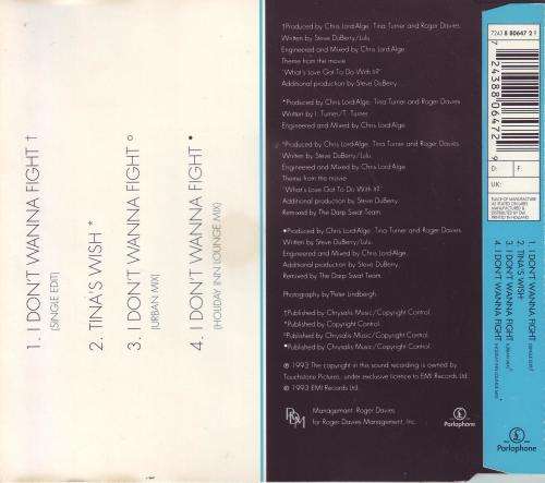 TINA TURNER - I don`t wanna fight (CD single) 7243 8 80647 2 9 VG+