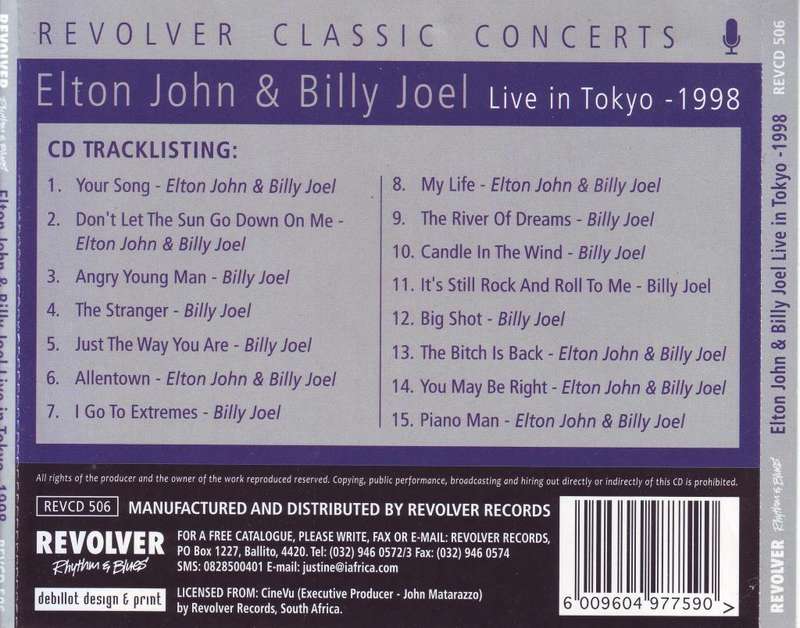 ELTON JOHN & BILLY JOEL - Live In Tokyo 1998 (CD) REVCD 506 EX