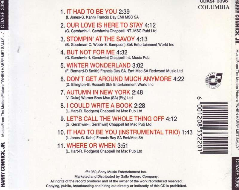 HARRY CONNICK JR. - Music From The Motion Picture  "When Harry Met Sally" (CD) CDASF 3396 NM