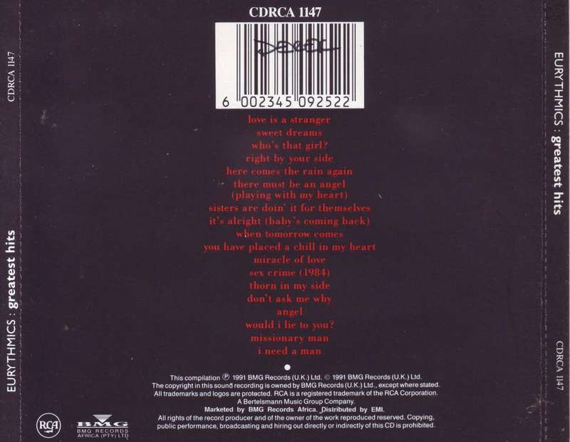 EURYTHMICS - Greatest hits (CD) CDRCA1147  VG