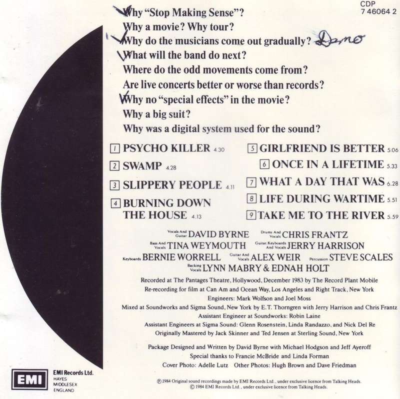 TALKING HEADS - Stop making sense (CD) CDP 7 46064 2 VG+