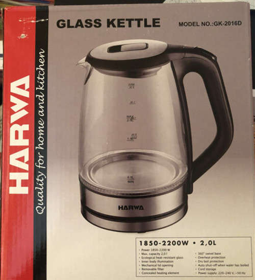 Harwa Glass Kettle 2.0L With Blue Light On When Kettle Switch ON