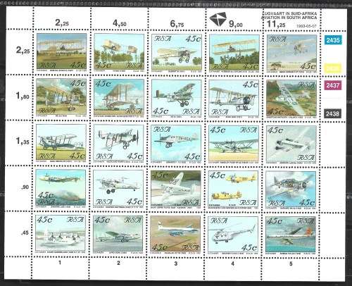 South Africa 1993 Sc849A-Y Aviation Aircraft Aeroplanes Complete Full Sheet Unmounted Mint LB2