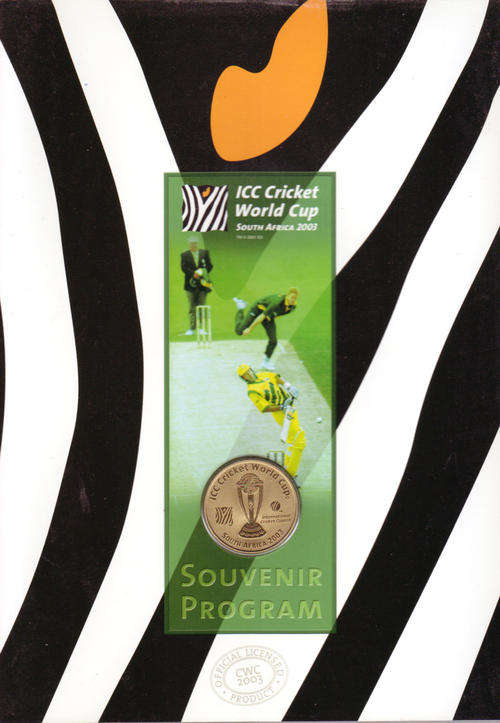 SOUTH AFRICA 2003 ICC WORLDCUP CRICKET PROGRAM WTH MEDALLION AND 1 POSTALLY USED ICC STAMP ON COVER