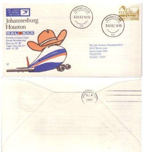SAA Flight Cover #37b (Different Cancel)-First Boeing 747 SP Flight Johannesburg-Houston 8/12/1982