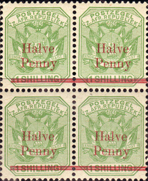 TRANSVAAL 1895 OVERPRINT UNMOUNTED MINT BLOCK HALF PENNY ON 1/- Perf12-5 REPRINTS