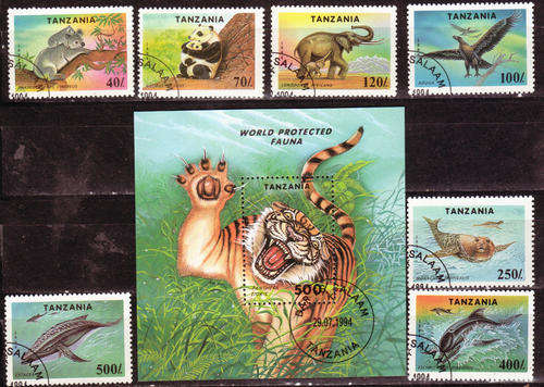 TANZANIA 1994 ANIMALS ENDANGERED SPECIES PLUS MINIATURE SHEET SG#1807-14 COMPLETE USED SET