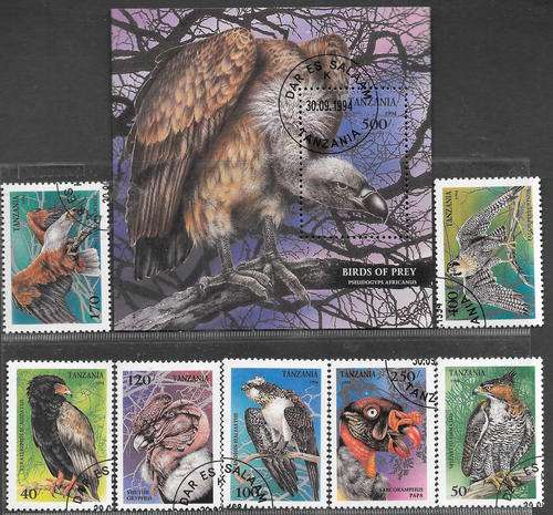 TANZANIA 1994 BIRDS OF PREY COMPLETE USED SET PLUS MINIATURE SHEET SG#1847-MS1854