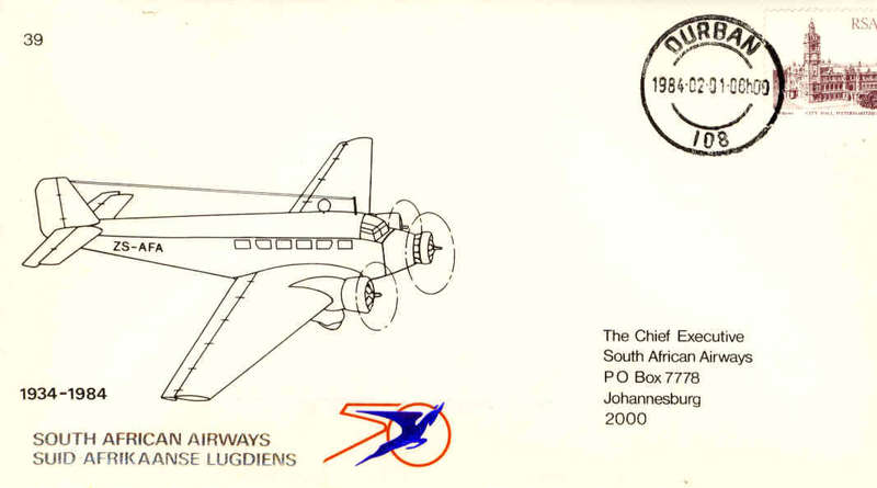 SAA Flight Cover #39 South African Airways 1934-1984 1/2/1984